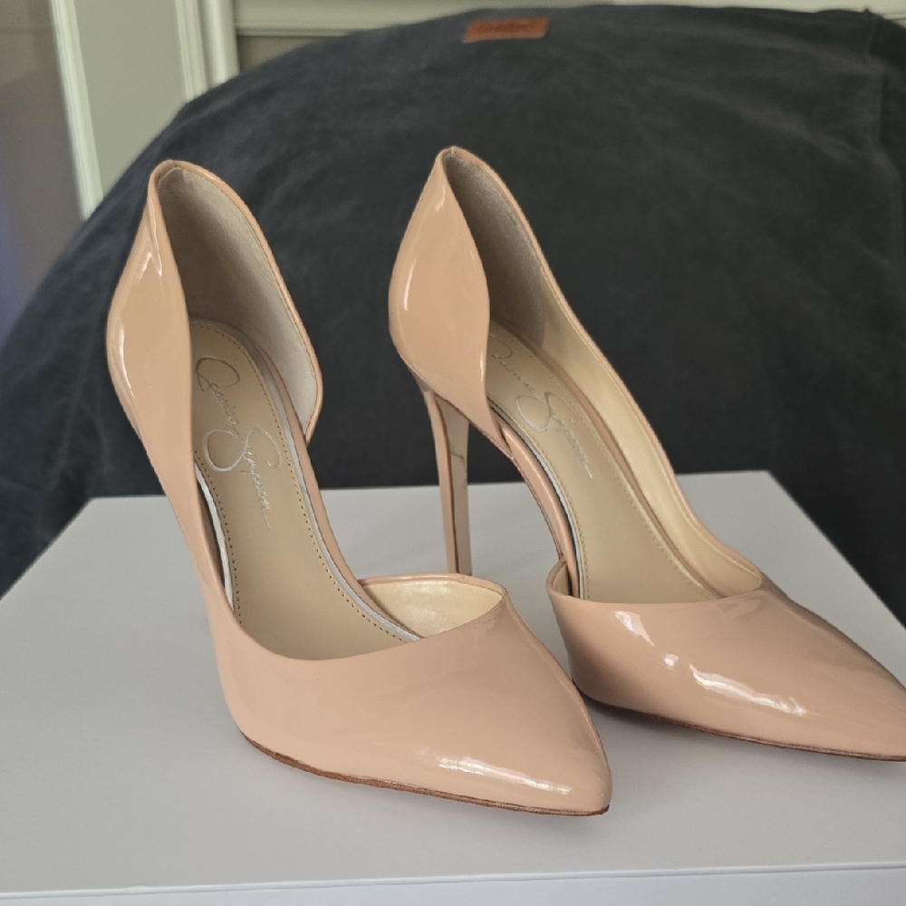 Jessica Simpson Nude Patent D'Orsay Pointed Toe Stilettos